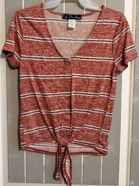 B Flawless Juniors Short Sleeve Front Tie Shirt Stripes Red White Black Med NWOT